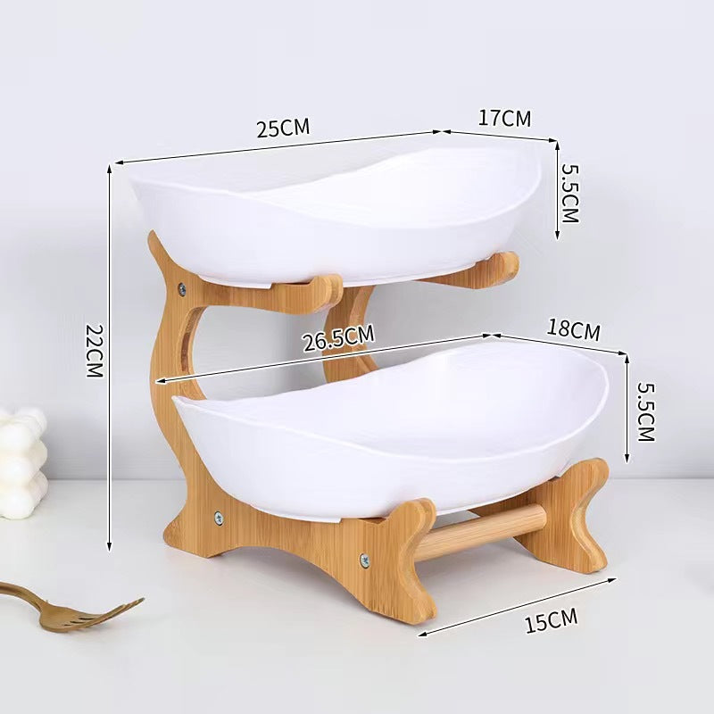 Creative multi-layer bamboo and wood frame ceramic fruit tray household snack candy tray