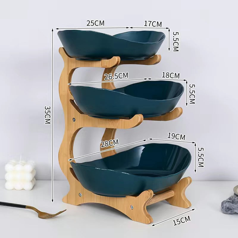 Creative multi-layer bamboo and wood frame ceramic fruit tray household snack candy tray