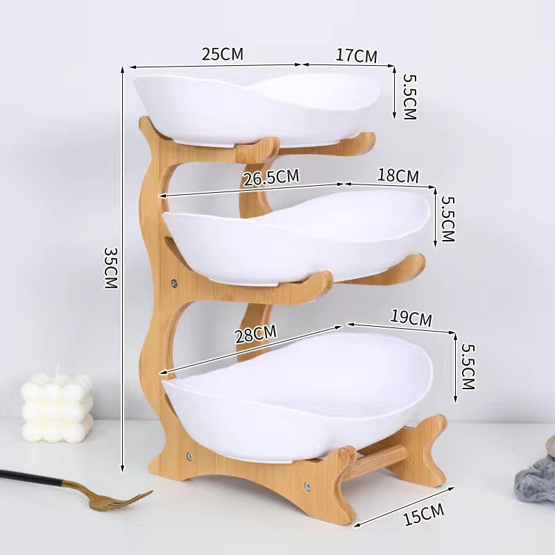 Creative multi-layer bamboo and wood frame ceramic fruit tray household snack candy tray