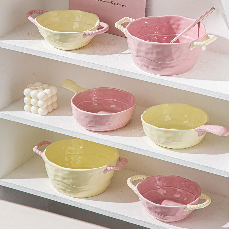 Household two-ear ceramic handle soup bowl baking bowl salad fruit bowl
