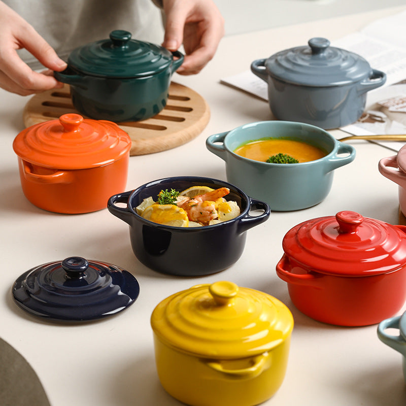 Light luxury ceramic with cover double ear small soup bowl for family children's bird's nest steamed egg stew bowl
