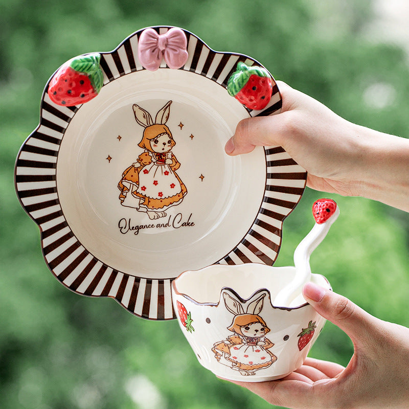 High appearance level Rabbit ceramic dish set underglaze color cutlery set