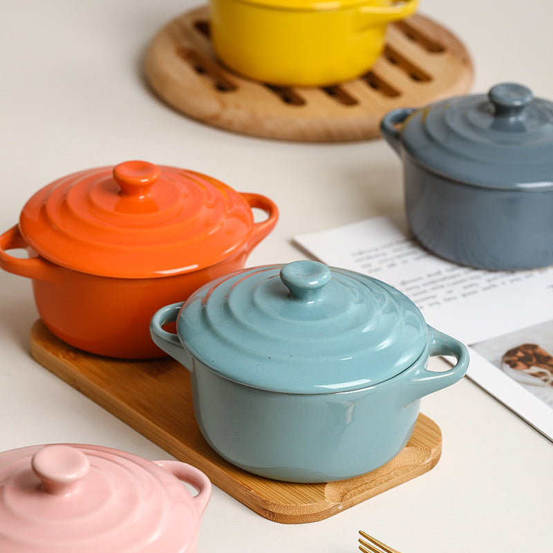 Light luxury ceramic with cover double ear small soup bowl for family children's bird's nest steamed egg stew bowl