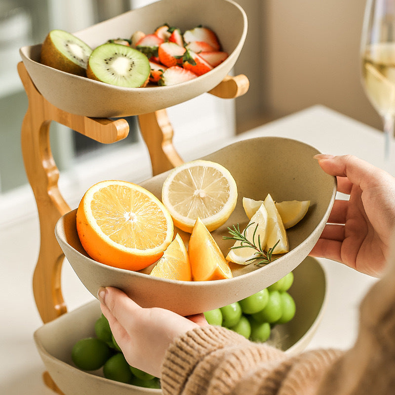 Creative multi-layer bamboo and wood frame ceramic fruit tray household snack candy tray
