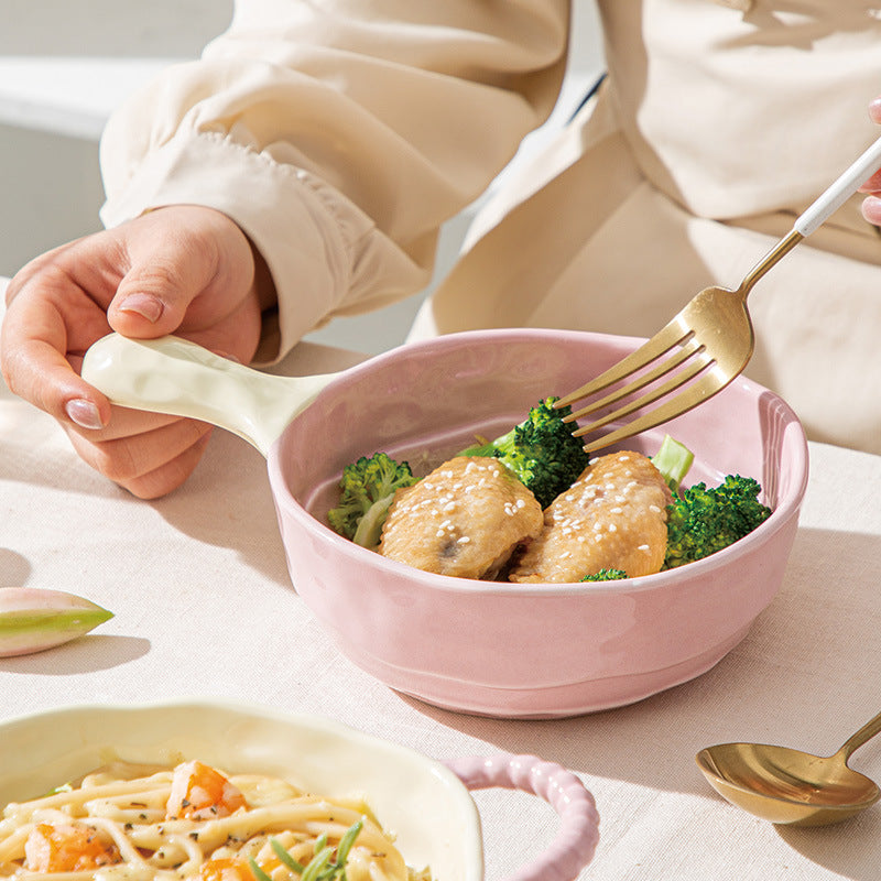 Household two-ear ceramic handle soup bowl baking bowl salad fruit bowl