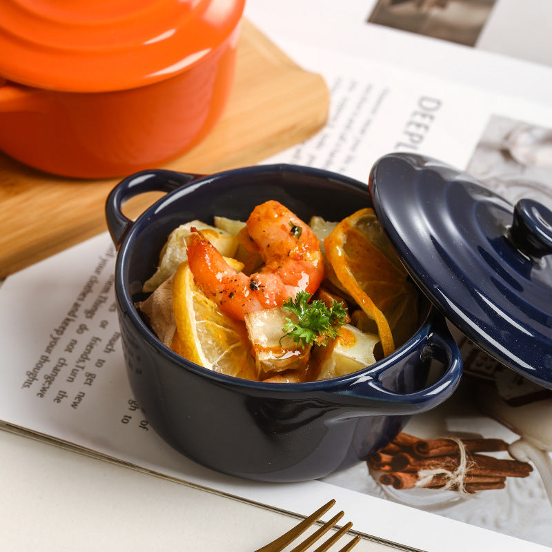 Light luxury ceramic with cover double ear small soup bowl for family children's bird's nest steamed egg stew bowl